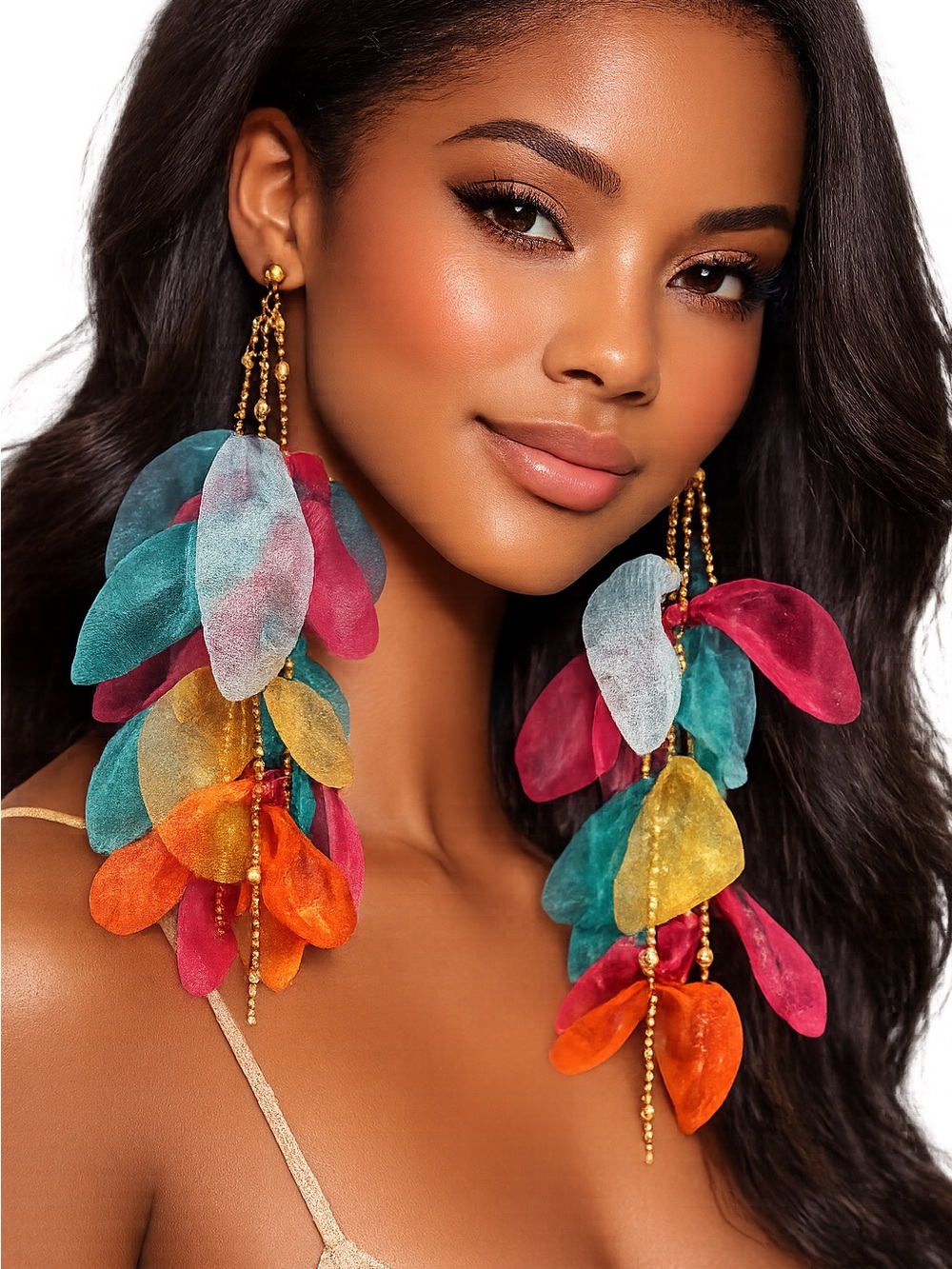 Colorful Leaf Cascade Drop Earrings with Gold Bead Accents